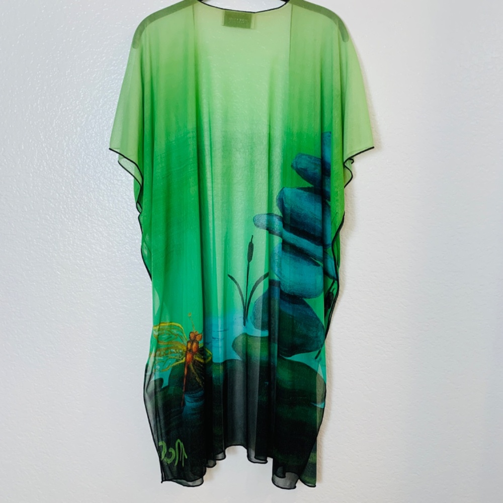 Le Galeriste Kimono Dragonfly Print Womens One Size Green Open Front Artsy Sheer - Picture 9 of 16
